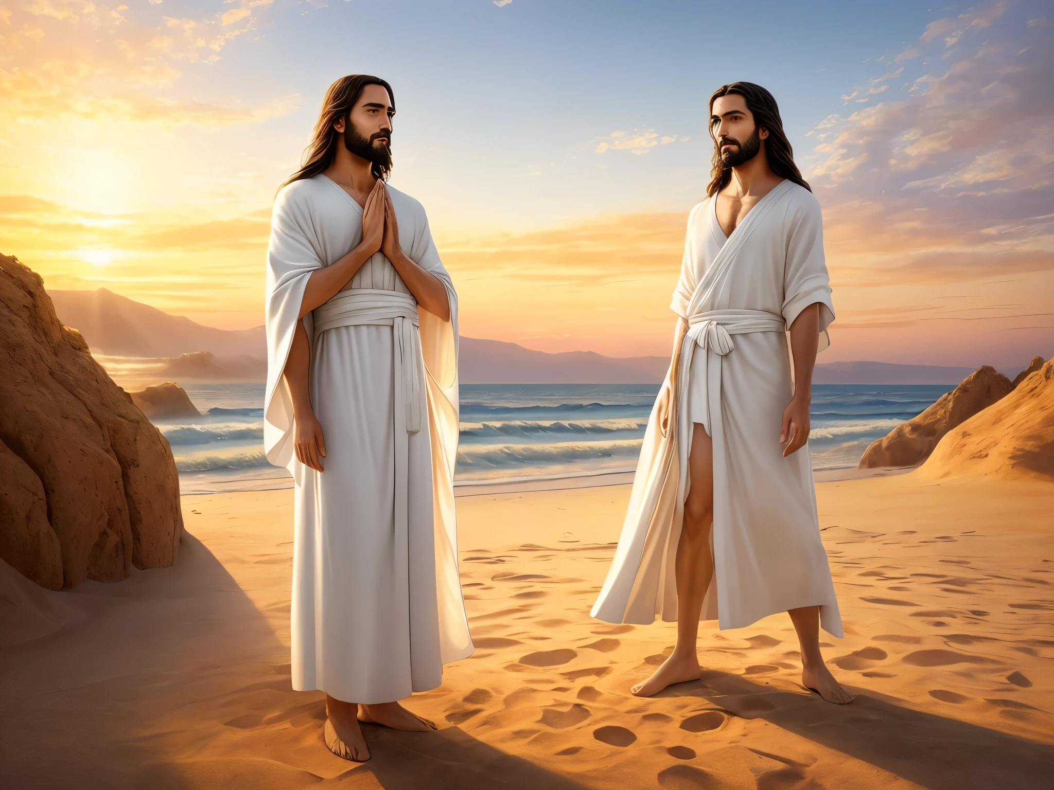 (best quality,highres,masterpiece:1.2),ultra-detailed,realistic,photorealistic:1.37,medium:digital painting,fine brush strokes,religious art,portraits,landscape,colorful tones,soft lighting,a gentle breeze
In this exquisite masterpiece, Jesus stands on a sandy beach, his figure exuding a sense of calm and serenity. His face, beautifully detailed, radiates compassion, with sincere eyes and gentle smile. He wears a flowing white robe that gracefully dances in the gentle breeze, adding a touch of ethereal elegance to the scene. Around him, a diverse group of people, captivated by his presence, gaze upon him with awe and wonder. Some kneel in reverence, while others stand, their faces filled with a mix of emotions - hope, curiosity, and admiration.
In the background, against the backdrop of a glorious sunset, stands a magnificent temple. Its grandeur and intricate architectural details hint at the divine power and spirituality it represents. The warm, golden hues of the sunset paint the sky, casting a gentle glow over the entire scene. Soft, diffused lighting bathes the figures in a serene ambiance, accentuating their individual expressions and emotions.
The sand beneath Jesus' feet is depicted with precision and attention to detail, down to the tiny grains that make up its textured surface. The fine brush strokes seamlessly blend together, creating a sense of movement and depth in the digital painting. The overall feel is one of realism and photorealism, with each element carefully rendered to evoke a deep emotional connection.
This artwork, inspired by religious art and portraits, aims to capture the essence of spirituality and the human experience. The combination of the detailed figures, the magnificent temple, and the vibrant colors creates a visually stunning composition that speaks to the soul. It invites viewers to contemplate and reflect on the profound themes of faith, hope, and the divine presence.
Note: The prompt is a detailed description of the artwork, following the format and guidelines provided. It prioritizes important elements such as the main subject, materials, additional details, image quality, art style, color tones, and lighting.