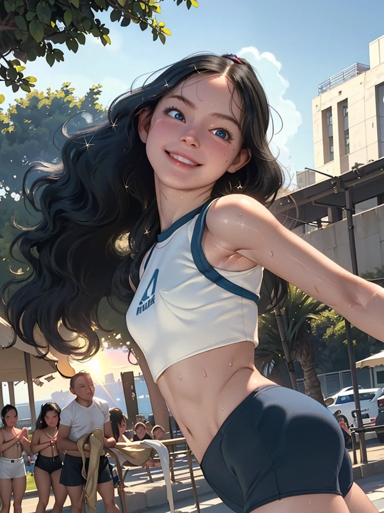 (best quality, masterpiece), 1girl, (muscular:0.5), pale skin, athletics, (running:1.2), twisted torso, blonde, ponytail, head tilt, smile, happy, wavy black hair, lens flare, backlight, (sweat:1.2), crop top, steaming body, wind, outdoor, park, sunset, view from behind, big butt, blue eyes,