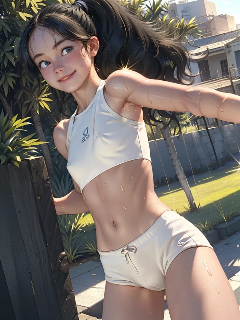 (best quality, masterpiece), 1girl, (muscular:0.5), pale skin, athletics, (running:1.2), twisted torso, blonde, ponytail, head tilt, smile, happy, wavy black hair, lens flare, backlight, (sweat:1.2), crop top, steaming body, wind, outdoor, park, sunset, view from behind, big butt, blue eyes,