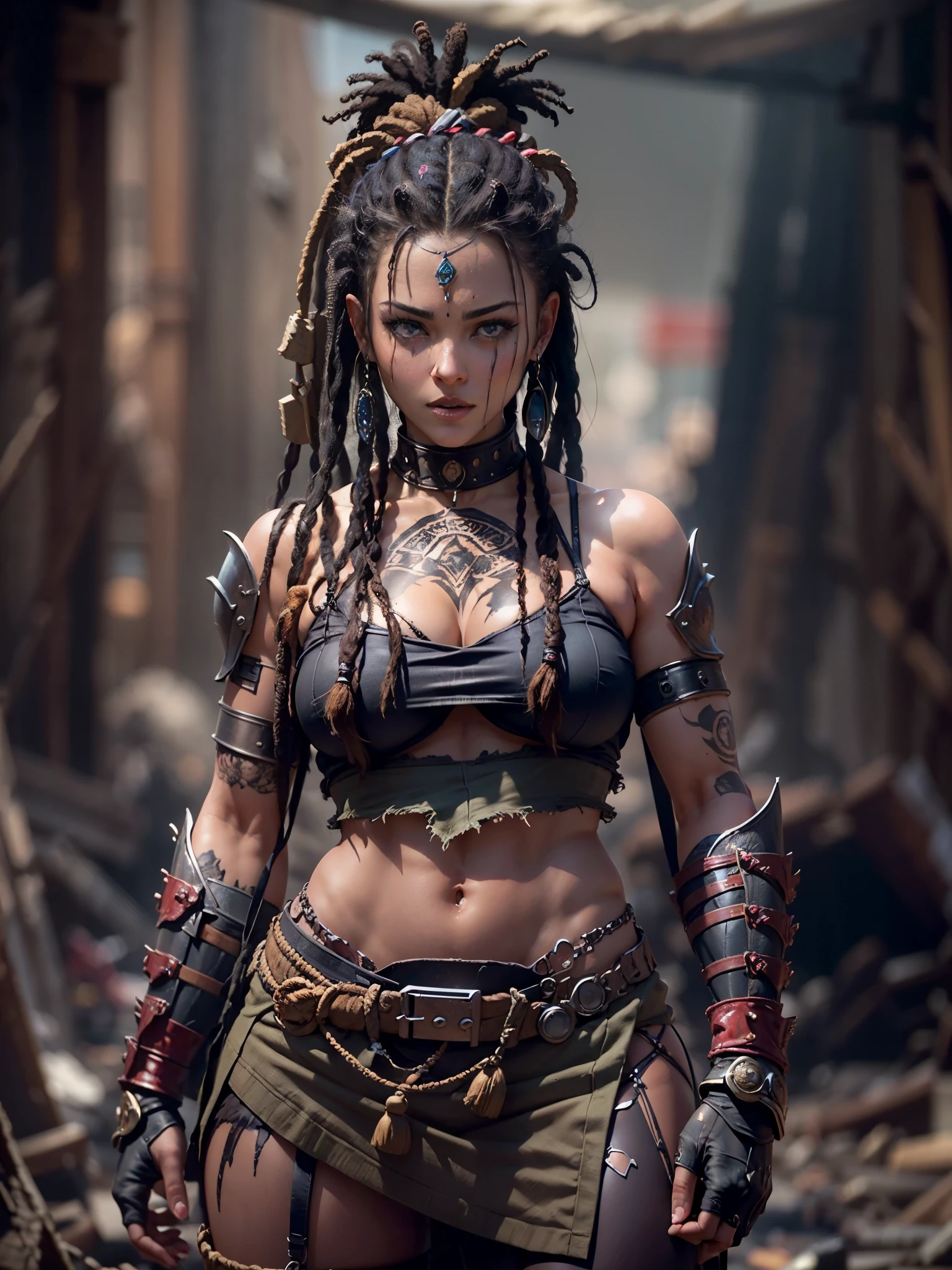 {{Masterpiece}}, A pretty young woman with big firm breasts, narrow waist, wide hips, strong thighs, strong firm butt, North American type, in a world after an atomic apocalypse, a warrior woman with black wild dreadlocks, armor made of fur and scrap metal, tribal tattoos, scars, blood, a scene from an action movie, a fighting stance, an exciting cinematic perspective, ruins, cinematic lighting, artful details, selective focus on her face, {{photo art}}