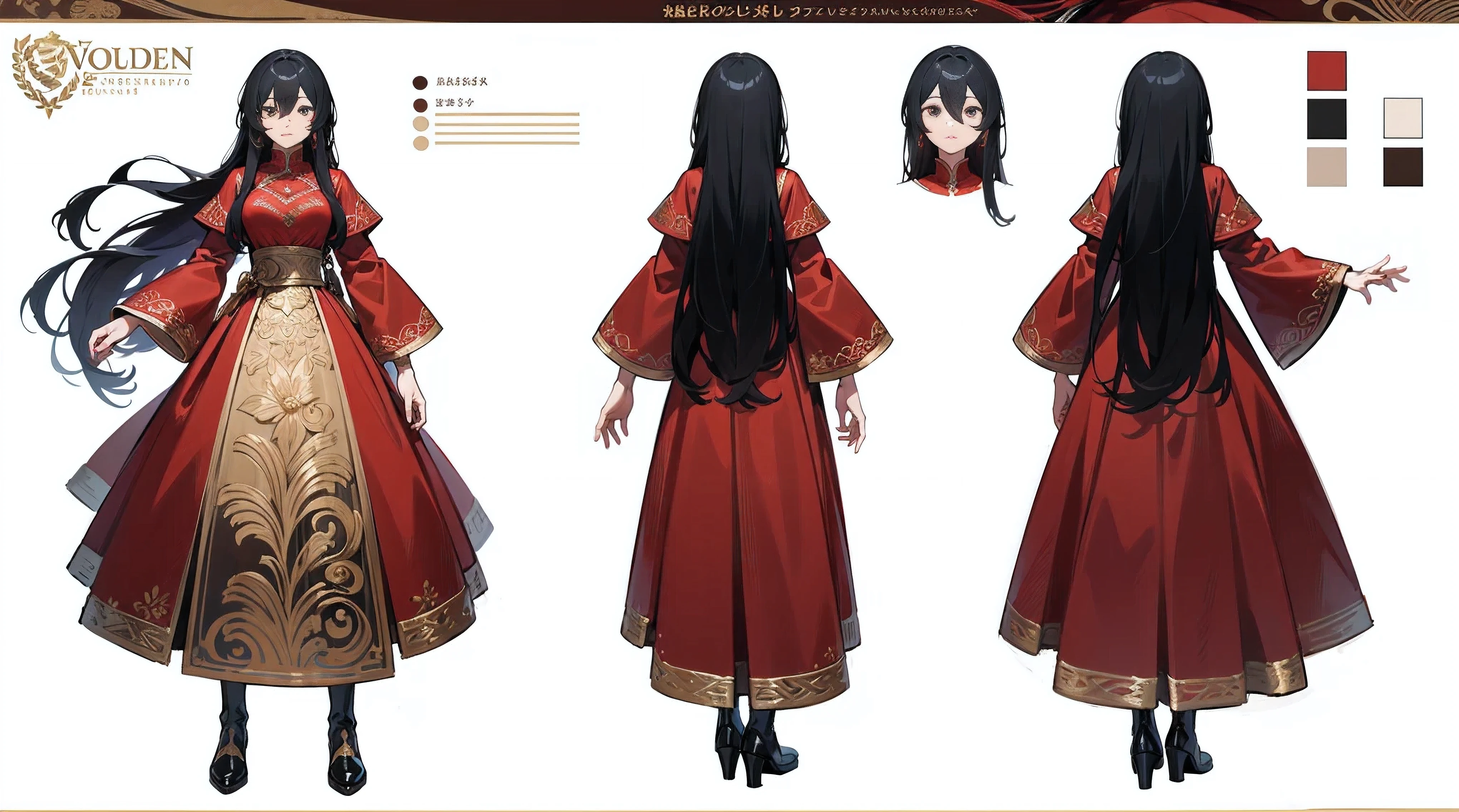 ((masterpiece, best quality)), Detailed face, character table, whole body, 1 girl, Beautiful and delicate eyes, black hair, long hair, ((thick hair)), hair between eyes, beautiful red dress，With detailed gold pattern, very long clothes, very big clothes, very large sleeve, Very large silk red cloak, The best decoration, The best wrinkles, 8K resolution, full of details, Various poses and expressions, Very detailed, depth, Many parts