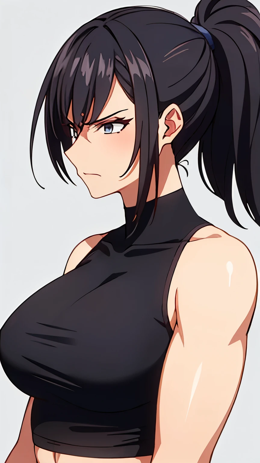 1 milf, ponytail hair, wearing a black tank top, cynical look, angry face, white background, wearing bandage gloves, sixpack abs