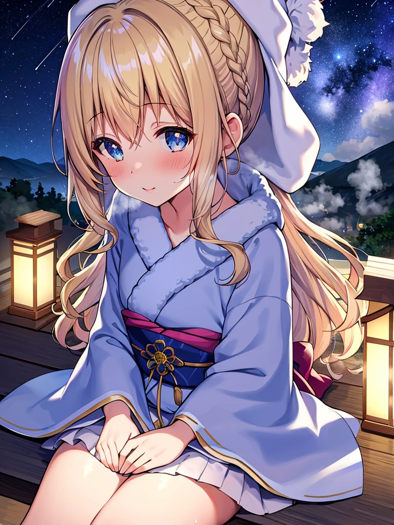 (masterpiece)++,(sweet illustration)+,detailed gradient eyes, outdoors, milky way galaxy, Beautiful scenery, Moonlight, high resolution, night view,
((1girl)), sitting, kimono, WHITE MUFFLER, CAPE, ROBE, (fluffy, beanie), from back, looking at viewer, medium bob, blonde hair, bun_head, shiny wavy hair, blue eyes, light smile, lens flare, Japanies Hairpin, kanzashi, braided bangs, cute, , -yo, sweaty hats, white breath, steam, shooting star,