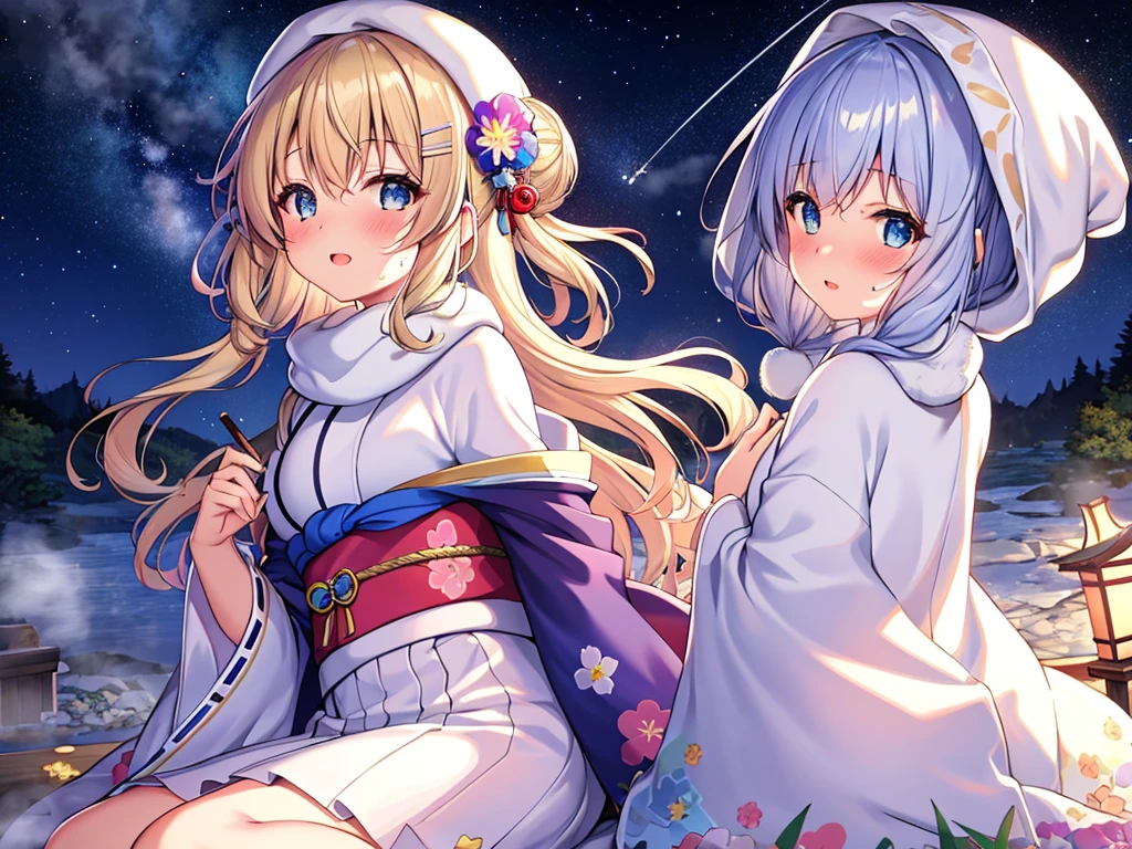 (masterpiece)++,(sweet illustration)+,detailed gradient eyes, outdoors, milky way galaxy, Beautiful scenery, Moonlight, high resolution, night view, 
((1girl)), sitting, kimono, WHITE MUFFLER, CAPE, ROBE, (fluffy, beanie), from back, looking at viewer, medium bob, blonde hair, bun_head, shiny wavy hair, blue eyes, light smile, lens flare, Japanies Hairpin, kanzashi, braided bangs, cute, , -yo, sweaty hats, white breath, steam, shooting star,