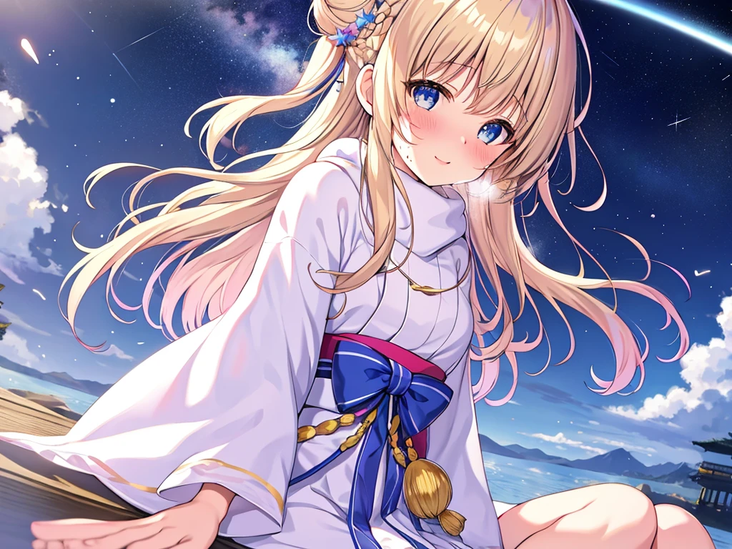 (masterpiece)++,(sweet illustration)+,detailed gradient eyes, outdoors, milky way galaxy, Beautiful scenery, Moonlight, high resolution, night view,
((1girl)), sitting, kimono, WHITE MUFFLER, CAPE, ROBE, (fluffy, beanie), from back, looking at viewer, medium bob, blonde hair, bun_head, shiny wavy hair, blue eyes, light smile, lens flare, Japanies Hairpin, kanzashi, braided bangs, cute, , 14-yo, , sweaty hats, white breath, steam, shooting star,