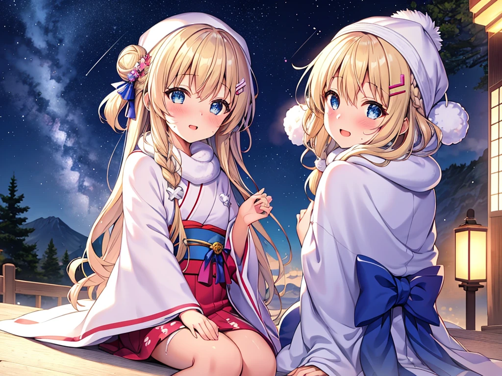 (masterpiece)++,(sweet illustration)+,detailed gradient eyes, outdoors, milky way galaxy, Beautiful scenery, Moonlight, high resolution, night view,
((1girl)), sitting, kimono, WHITE MUFFLER, CAPE, ROBE, (fluffy, beanie), from back, looking at viewer, medium bob, blonde hair, bun_head, shiny wavy hair, blue eyes, light smile, lens flare, Japanies Hairpin, kanzashi, braided bangs, cute, , 14-yo, , sweaty hats, white breath, steam, shooting star,