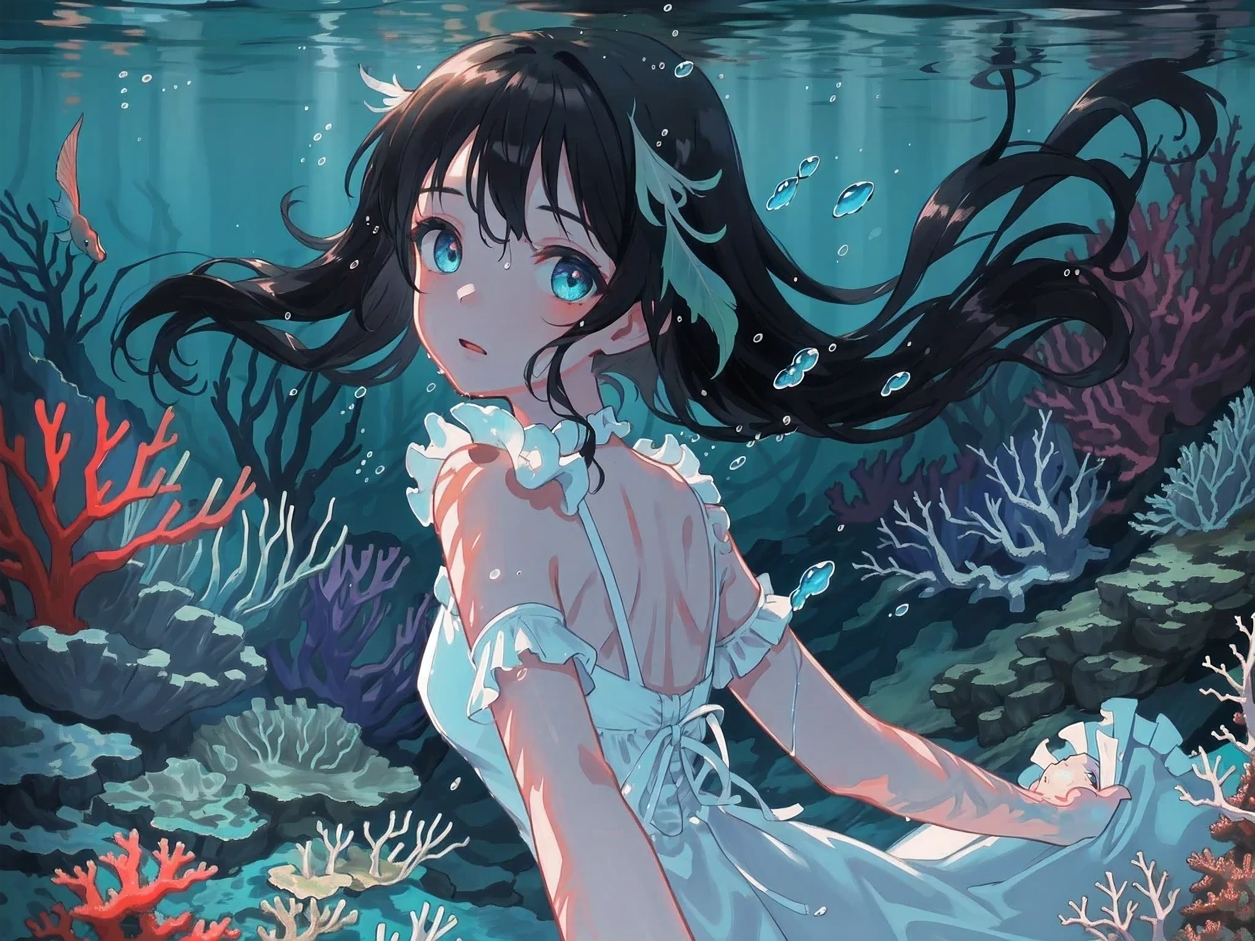 (((masterpiece))),(((best quality))),((Super detailed)),((underwater)),(illustration),(Beautiful and delicate water),((coral)),open tuck,((Extremely delicate and beautiful girl)),(Throw),dynamic angle,floating,(Beautiful and delicate eyes),(detail light),(Change),floating hair,glowing eyes,(splash),underwater)),black hair,green right eye,ice blue left eye,very long wedding dress, wet clothes, The best decoration, The best wrinkles, best shadow, feather,nature,(Sunlight),(underwater forest),(painting),(bloom),(Detailed luminescence),(Soaked),seaweed,fish,(((Tyndall effect))),face to face