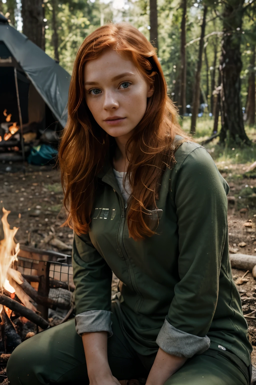 Photo of a ginger woman, in forest, sitting at a campfire, looking random places with normal clothes, (freckles:0.8) cute face, dystopian, detailed eyes, Lady, approximately 18 years old, posing while doing day to day chores. Resolution 8k, 4k, ultrarealistic, realistic, textured skin