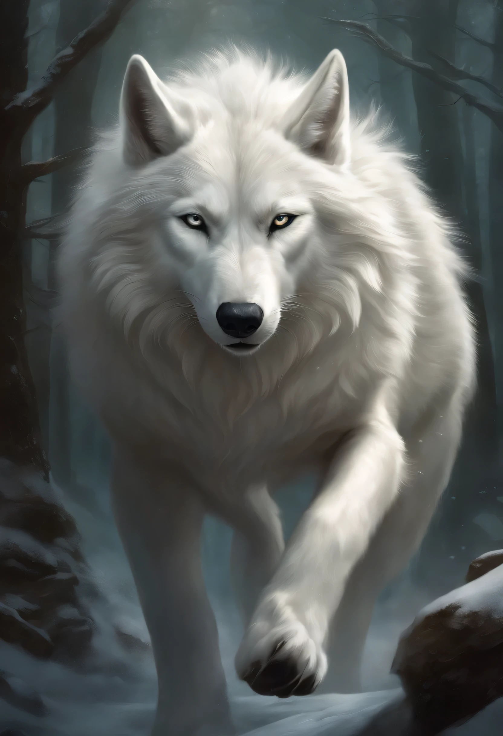 There is a big white wolf with a huge head and a huge body, epic fantasy card game art, arte de fantasia altamente detalhada, arte de fantasia digital 2d detalhada, epic fantasy art, arte de fantasia detalhada, Epic Fantasty Card Game Art, Masmorras&Arte de fantasia de lobo branco, Hiper-realista D & d fantasy art, symmetrical spectacular fantasy art, retrato do lobo branco ciborgue. nine tails.