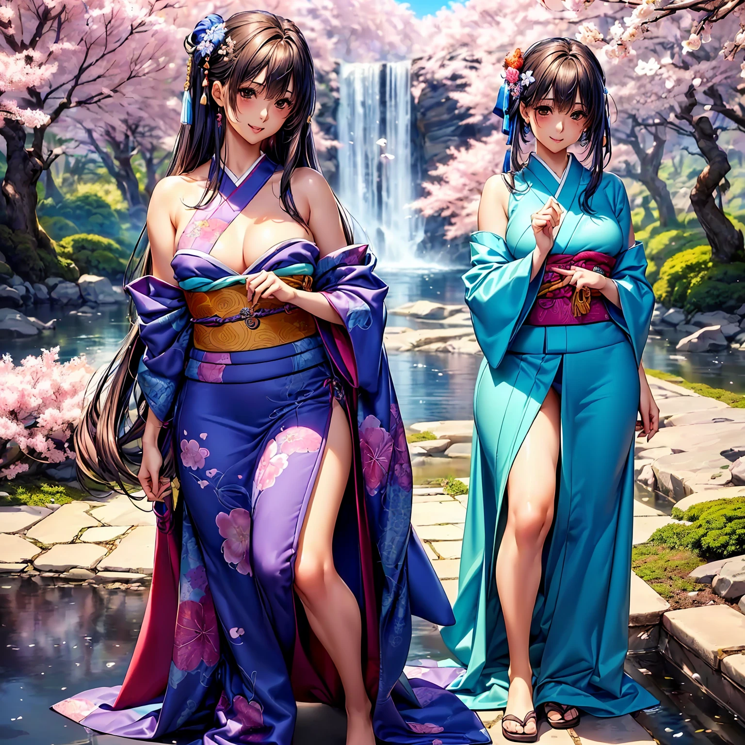 (((highest quality,masterpiece,very high resolution,Super high quality,perfect pixel))), (A beautiful woman with exquisite beauty:1 person,perfect body,beautiful face, cute face、beautiful outline、smile, blush、open your mouth),(long hair, neat bangs, beautiful hair texture),(Beautiful slit eyes,beautiful eyes,strong-willed eyes, beautiful eyelashes, realistic eyes), (Beautiful body with beautiful breasts and beautiful legs,Beautiful skin texture),((Beautiful Japan kimono:Japanese patterns and colors,Japanese decoration,Japanese hair,shoulders are exposed,I can see my thighs)),(Beautiful waterfront,There is a waterfall,Night cherry blossoms and starry sky, Cherry blossoms fall,the wind is blowing,beautiful scenery), (beautiful pose,beautiful posture), (realistic skin texture,realistic texture,Lifelike textures,RAW photo,Anime CG style, Bright colors,Beautiful colors)(whole body,I can see my thighs,accurate anatomy、highly detailed images、accurate image、perfect image,Image without defects、natural soft light、beautiful images:1.5)、beautiful anime woman, beautiful art style, anime character、(Best Shot 1.5)