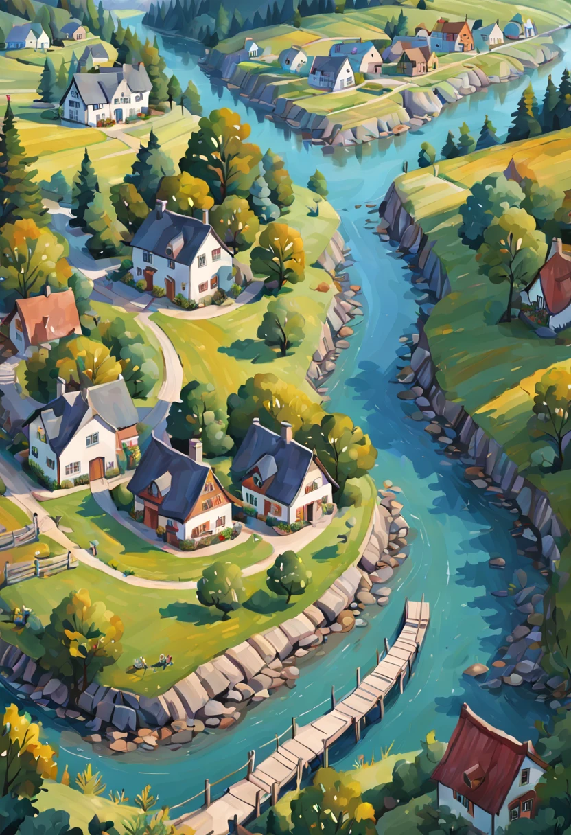 Maps/map/map.A painting of a village with a river and houses, Jane Nuland, 以异想天开的风格进行illustration, illustration精美, village in woods, landscape illustration, with trees and rivers, full page illustration, Inspired by Grandma Moses, author:Emily Murray Patterson, illustration!, inspired by Mary Blair, cottage town, author:Tom Scott RSA, beautiful detailed illustration.best composition map(best quality,4K,8k,high resolution,masterpiece:1.2),Super detailed.from aboveMaps/map/map.