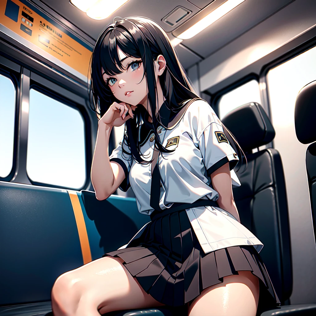 "(masterpiece, High resolution, Ultra High resolution, 4K) black hair, Japan girl at 14 years old, uniform skirt, emphasizing thighs, white thighs, soft thighs, Gorgeous thighs, Sitting on the train, face to face angle, (angle from below),sitting on a train seat,sitting in front,Crotch zoom camera,Put your feet on the train floor,whole body,Sleepy looking down,only looking at the viewer", highest quality, 超High resolution, (realistic:1.4),, High resolution, detailed, RAW photo, Shapuri, Nikon D850 Film Stock Photo by Lee Jefferies 4 Kodak Portra 400 Camera F1.6 lens rich colors hyper realistic lively textures dramatic lighting unreal engine artstation trends cinestir 800,