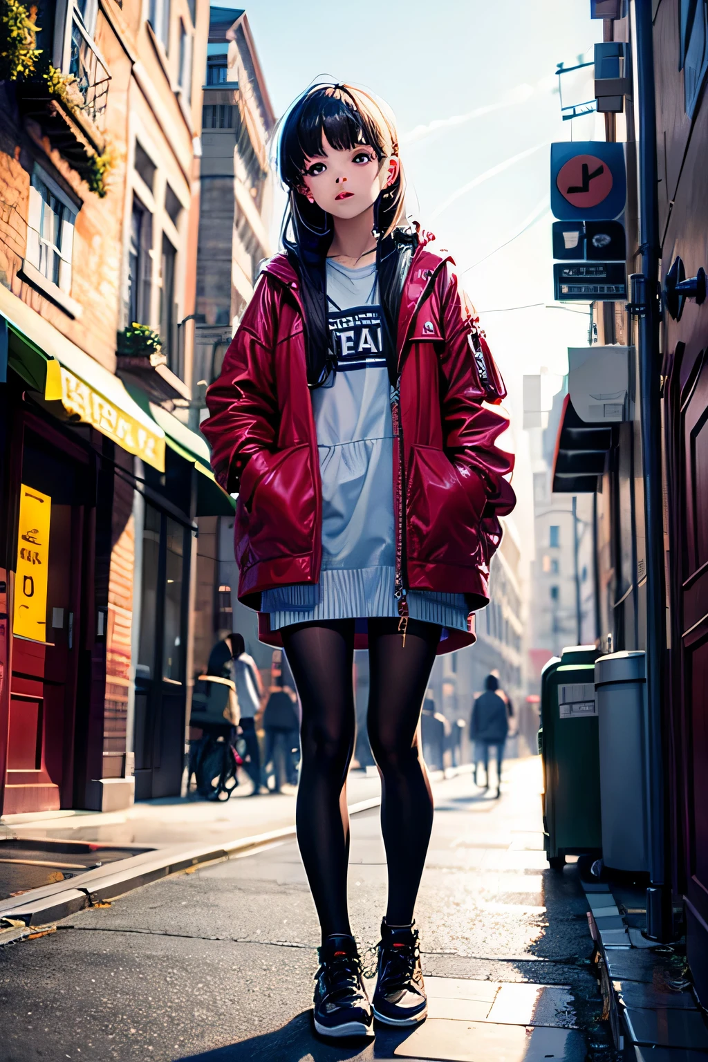 girl eyes looking,standing on the street