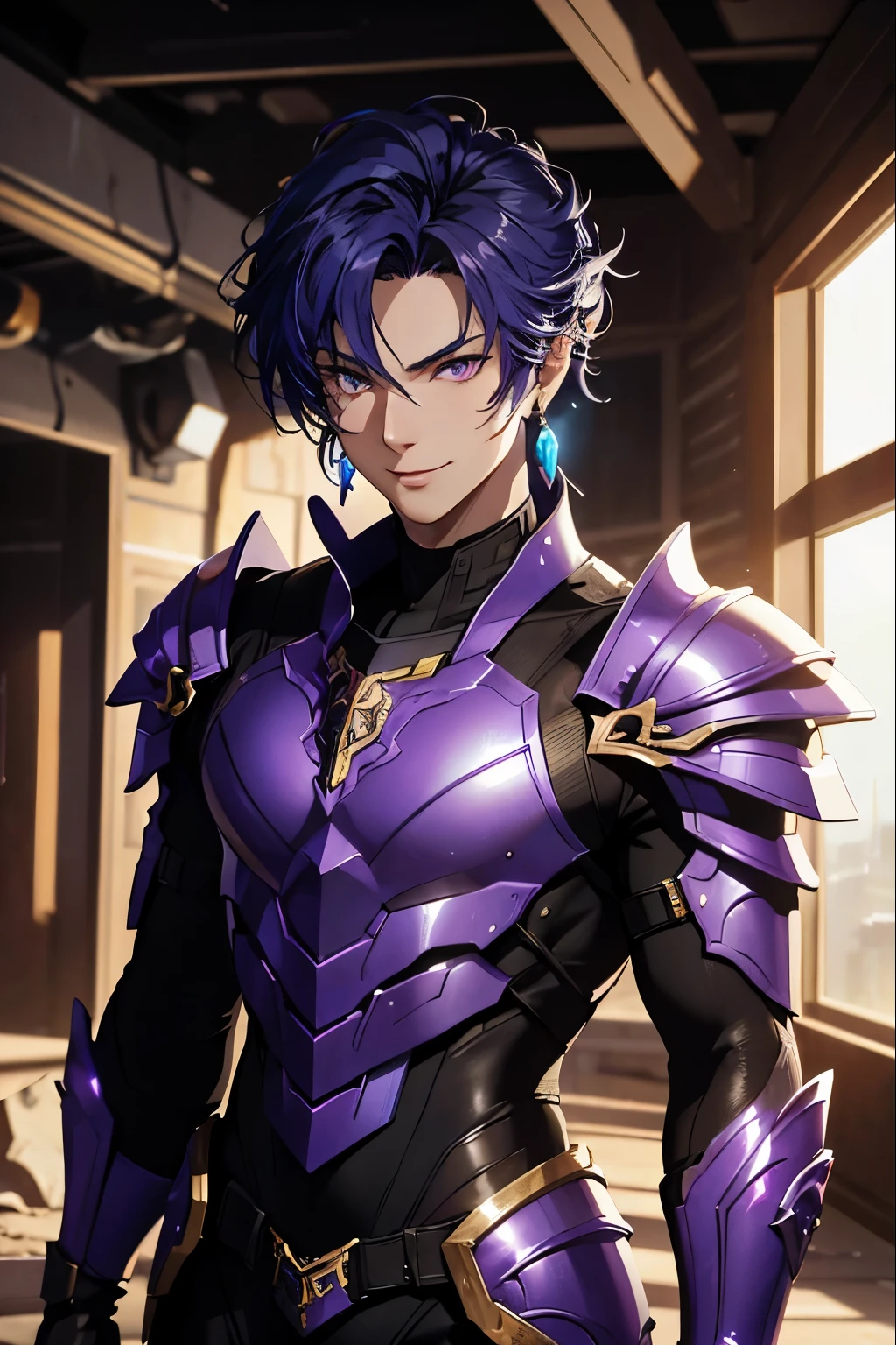 (masterpiece, Best Quality, absurdres, 8K resolution, HD wallpaper), cinematic lighting, raytracing, depth of field, Hyper Detailed, ((Solo Boy)), Handsome, Seductive smile, libido boy, purple hair, crystal  gold eyes, (((black armor with blue , science fiction))), (((background desert))),（neonlight, Vibrant glow, Dynamic color, Vivid Contrast, shiny reflective surfaces), cowboy shot, looking at viewer, upper body, muscular, carefree, earrings