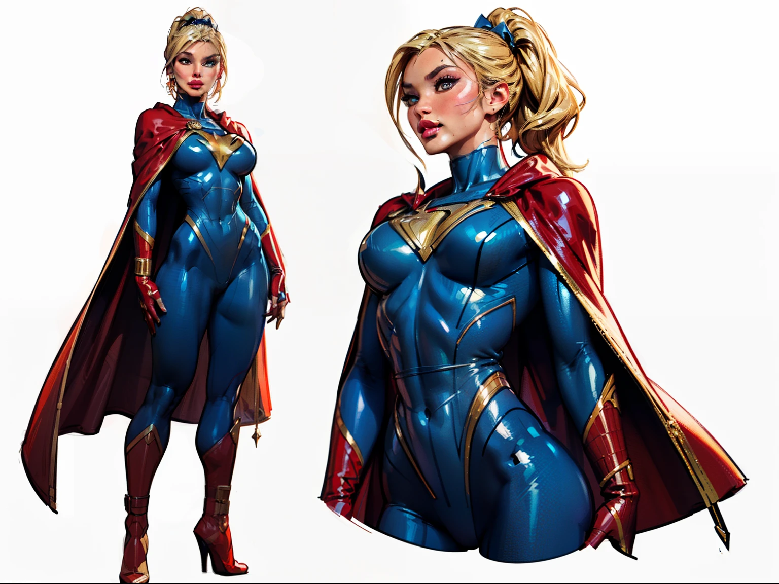 ((masterpiece)),(((best quality))),((character design sheet)), ((full body view)), (Gemma Chan face), illustration,1girl, muscular, ((blue bodysuit:1.5)), superhero, (blonde ponytail:1.4), (red cape:1.4) ((detailed face:1.4)) ((slendered abs:1.4)), red gloves, red boots, ((flat chest)), beautiful woman, (red thighhighs:1.3)shiny skin, (gold emblem on chest:1.2),scribbles and marks, (puffy lips:1.5), rough sketches, pose, 8k,16k, (simple background, white background: 1.3)