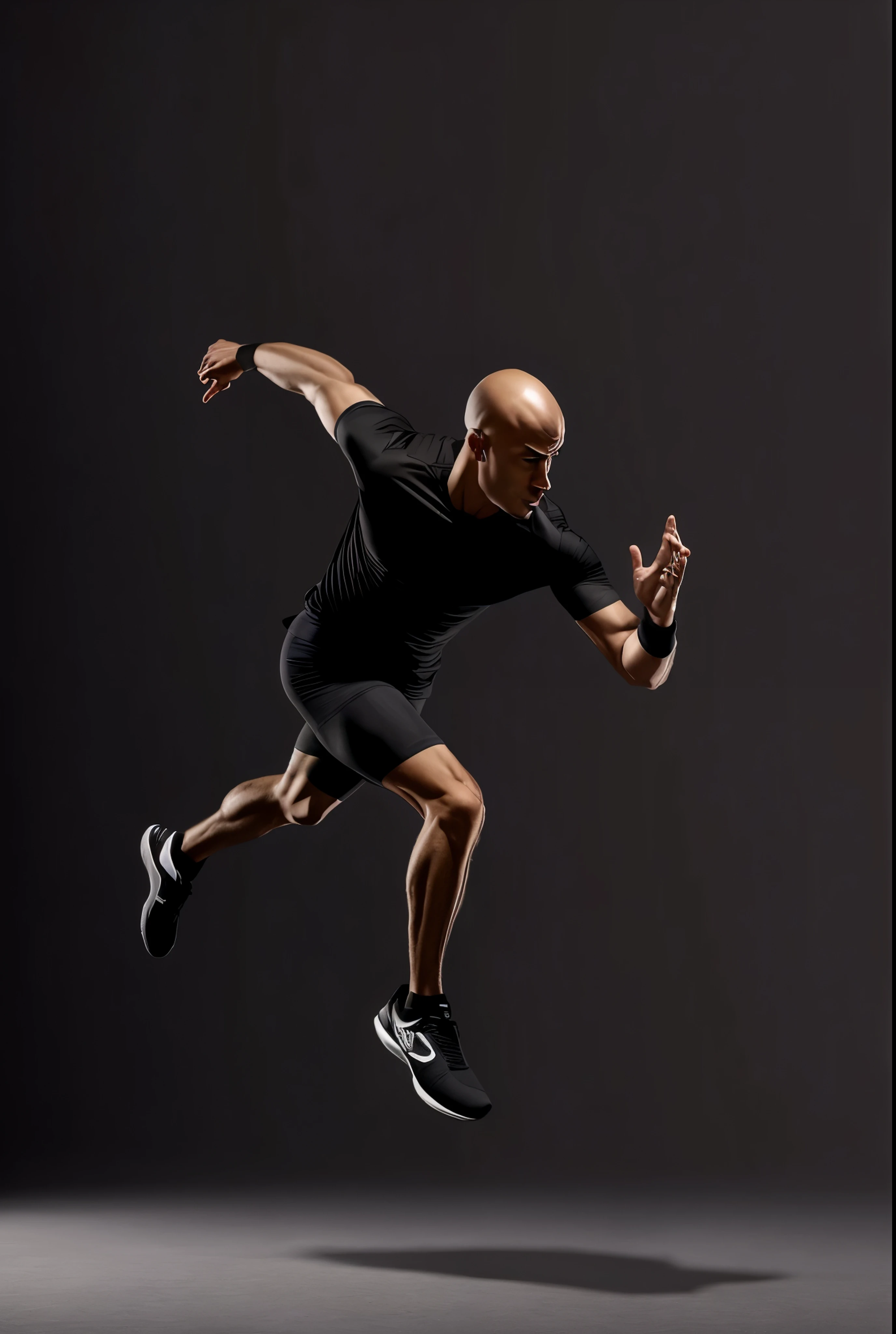 3d bald guy running with golden aura around his body. cinematic light, back light, lighting from back. black background. wearing black base layer , sports uniform. sport shoes. slim muscle body, perfect fingers. perfect. long sleeve. one hand clenched behind his back. one hand open. arafed man in black shirt and black shorts running with tennis racket, dynamic active running pose, running pose, sprinting, dynamic action shot, running fast towards the camera, athlete photography, leaping towards viewer, running sequence, athletic man in his 30s, running freely, dynamic moving pose, dynamic action pose, man standing in defensive pose