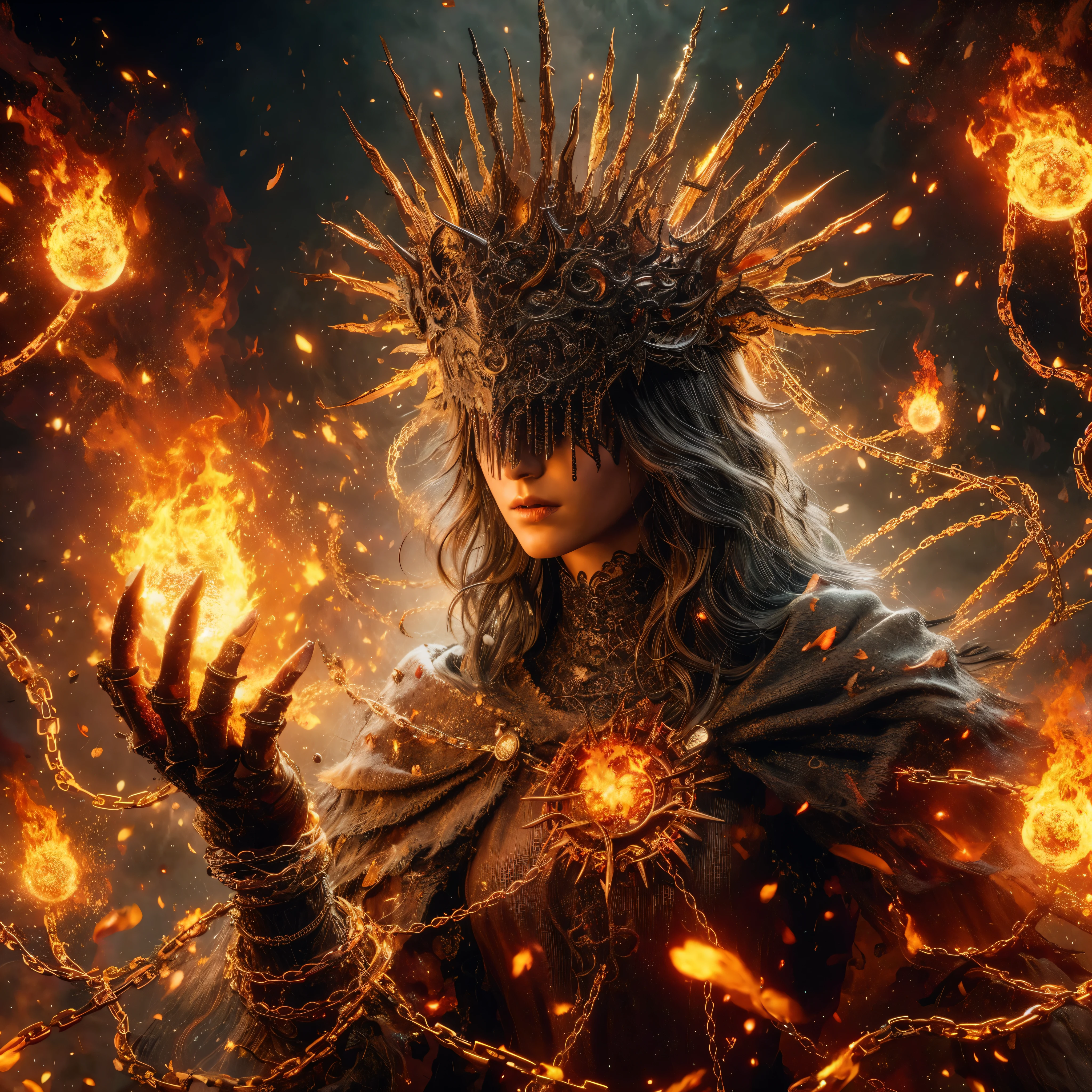 a woman in a crown surrounded by fire and chains, 4k fantasy art, 8k fantasy art, epic fantasy art style hd, epic fantasy digital art style, fantasy dark art, the fire queen, hd fantasy art, fantasy art behance, epic fantasy digital art, detailed fantasy digital art, highly detailed fantasy art, unreal engine fantasy art, karol bak uhd