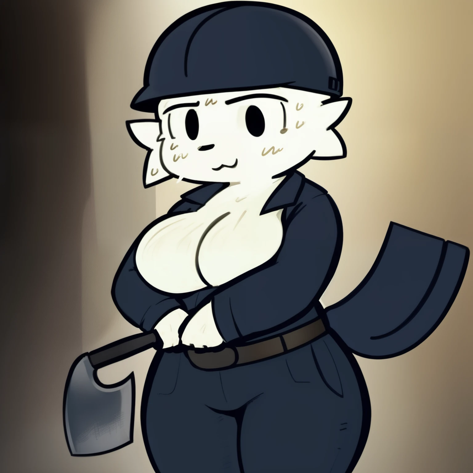 Silly cat, girl, wide hips, cat, antro, white cat,thick legs, body slim, huge breasts, sweat, wearing navy blue pants, wearing navy blue jacket, wearing a dark green army helmet, brown belt, scared, (((hugging a shovel))), holding a shovel,