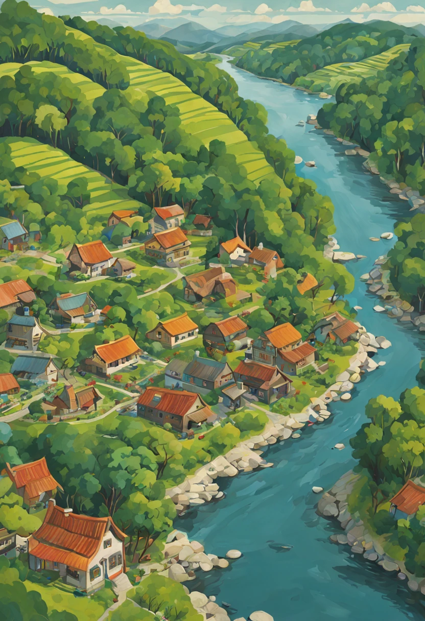 from above.Maps/map/map.A painting of a village with a river and houses, Jane Nuland, 以异想天开的风格进行illustration, illustration精美, village in woods, landscape illustration, with trees and rivers, full page illustration, Inspired by Grandma Moses, author:Emily Murray Patterson, illustration!, inspired by Mary Blair, cottage town, author:Tom Scott RSA, beautiful detailed illustration.best composition map(best quality,4K,8k,high resolution,masterpiece:1.2),Super detailed.from aboveMaps/map/map.
