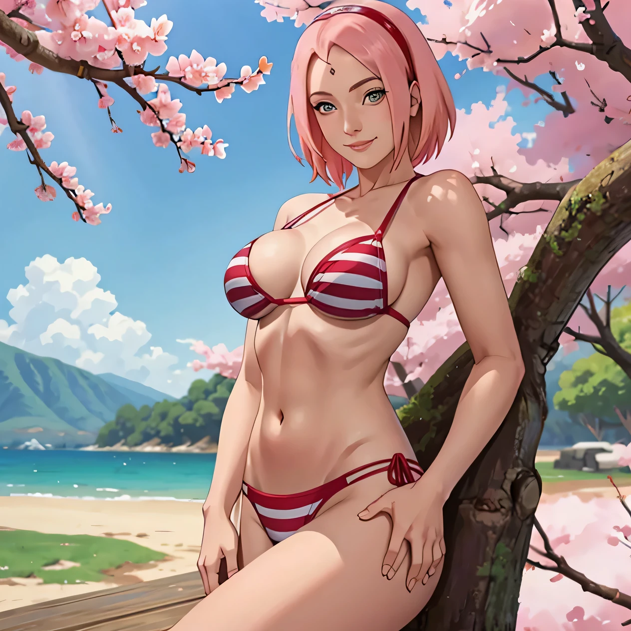 masterpiece, Best quality at best, 1 girl, Sakura Haruno, Large breasts, red-striped bikini,(cleavage),(upper body closeup), Raised sexy, is shy, smile, with pink hair, Forehead protection, the cherry trees, Cherry blossoms, beautiful eyes, sexy seductive smile, sensual beauty, sole girl, perfect tits, trying to seduce, undressing, getting naked