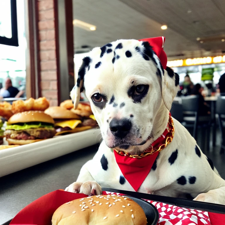  foto de meio Corpo , (((Dalmatian dog wearing luxurious neck chain and red bandana and cap, Fotografia de Corpo completo, Sozinho,next to you a huge delicious burger, fritas, MC Donald's))), olhando para o espectador, textura dos pelos
, Grain Photo, fechar-se, foto crua, ((blurred background of the image he is in a cafeteria.))