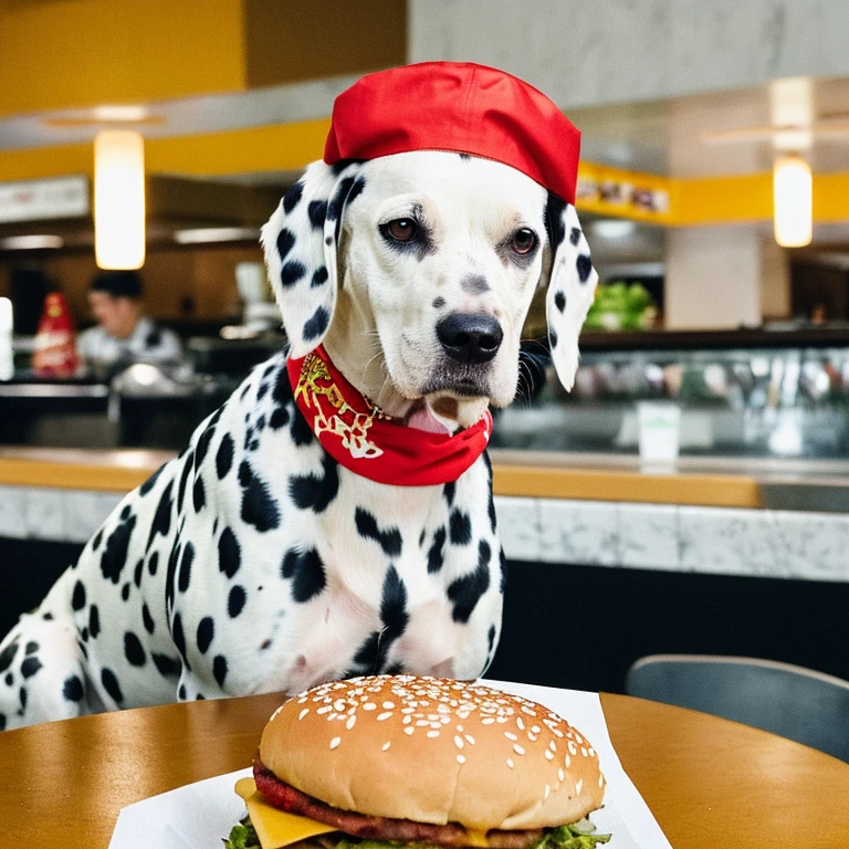 foto de meio Corpo , (((Dalmatian dog wearing luxurious neck chain and red bandana and cap, Fotografia de Corpo completo, Sozinho,next to you a huge delicious burger, fritas, MC Donald's))), olhando para o espectador, textura dos pelos
, Grain Photo, fechar-se, foto crua, ((blurred background of the image he is in a cafeteria.))