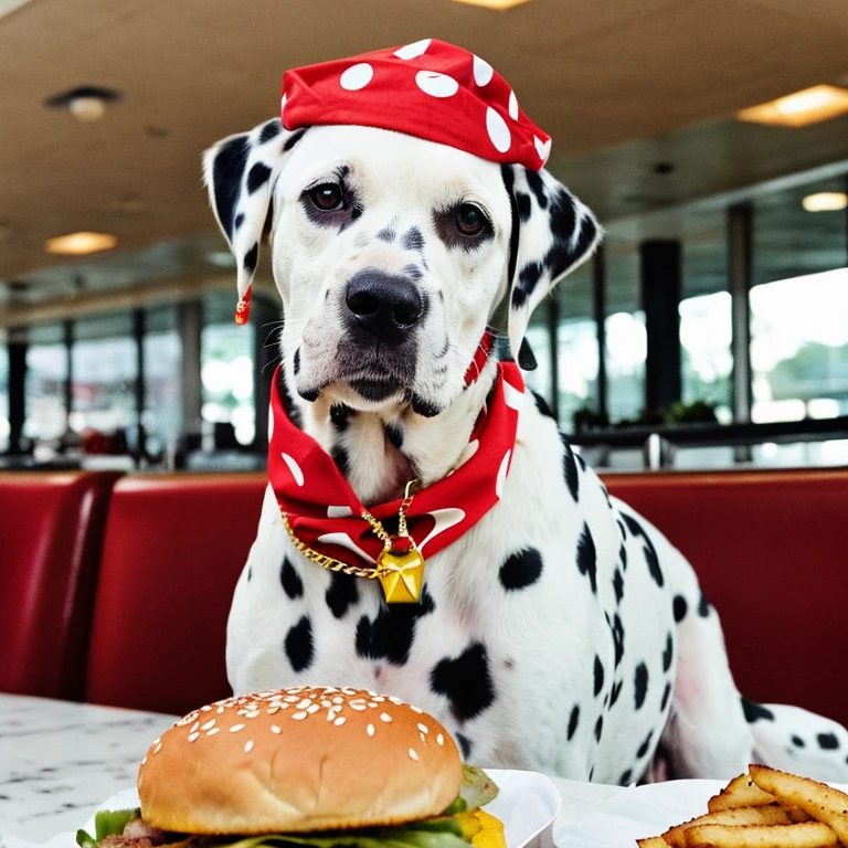 foto de meio Corpo , (((Dalmatian dog wearing luxurious neck chain and red bandana and cap, Fotografia de Corpo completo, Sozinho,next to you a huge delicious burger, fritas, MC Donald's))), olhando para o espectador, textura dos pelos
, Grain Photo, fechar-se, foto crua, ((blurred background of the image he is in a cafeteria.))