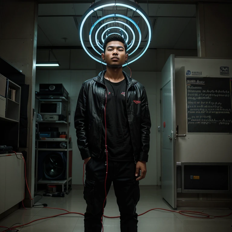 Hyperrealistic pictures of a handsome Indonesian student. One student is standing. With brainwash cable in his ear for mind controlling him. The cables was connect to the monitor shows spiral brainwashing figure. And he will obey