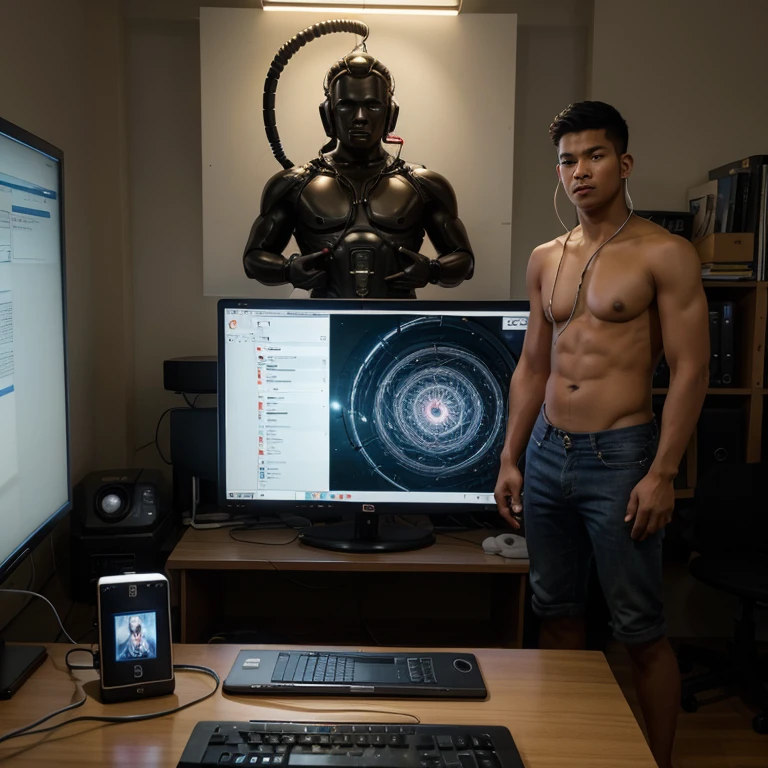 Hyperrealistic pictures of a handsome Indonesian student. One student is standing. With brainwash cable in his ear for mind controlling him. The cables was connect to the monitor shows spiral brainwashing figure. And he will obey