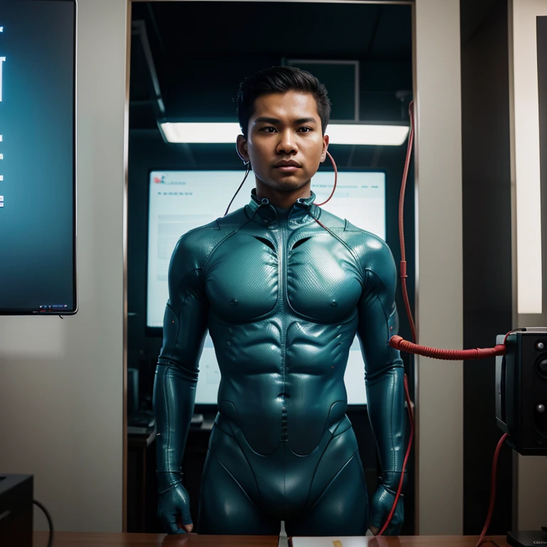 Hyperrealistic pictures of a handsome Indonesian student. One student is standing. With brainwash cable in his ear for mind controlling him. The cables was connect to the monitor shows spiral brainwashing figure. And he will obey