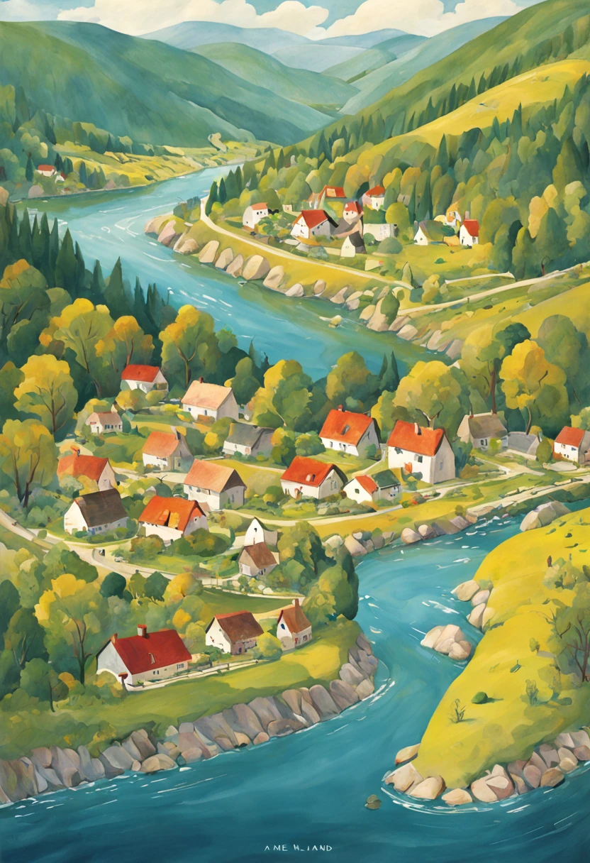 VillageMaps/map/map.A painting of a village with a river and houses, Jane Nuland, 以异想天开的风格进行illustration, illustration精美, village in woods, landscape illustration, with trees and rivers, full page illustration, Inspired by Grandma Moses, author：Emily Murray Patterson, illustration!, inspired by Mary Blair, cottage town, author：Tom Scott RSA, beautiful detailed illustration.best composition map(best quality,4K,8k,high resolution,masterpiece:1.2),Super detailed.from aboveMaps/map/map.