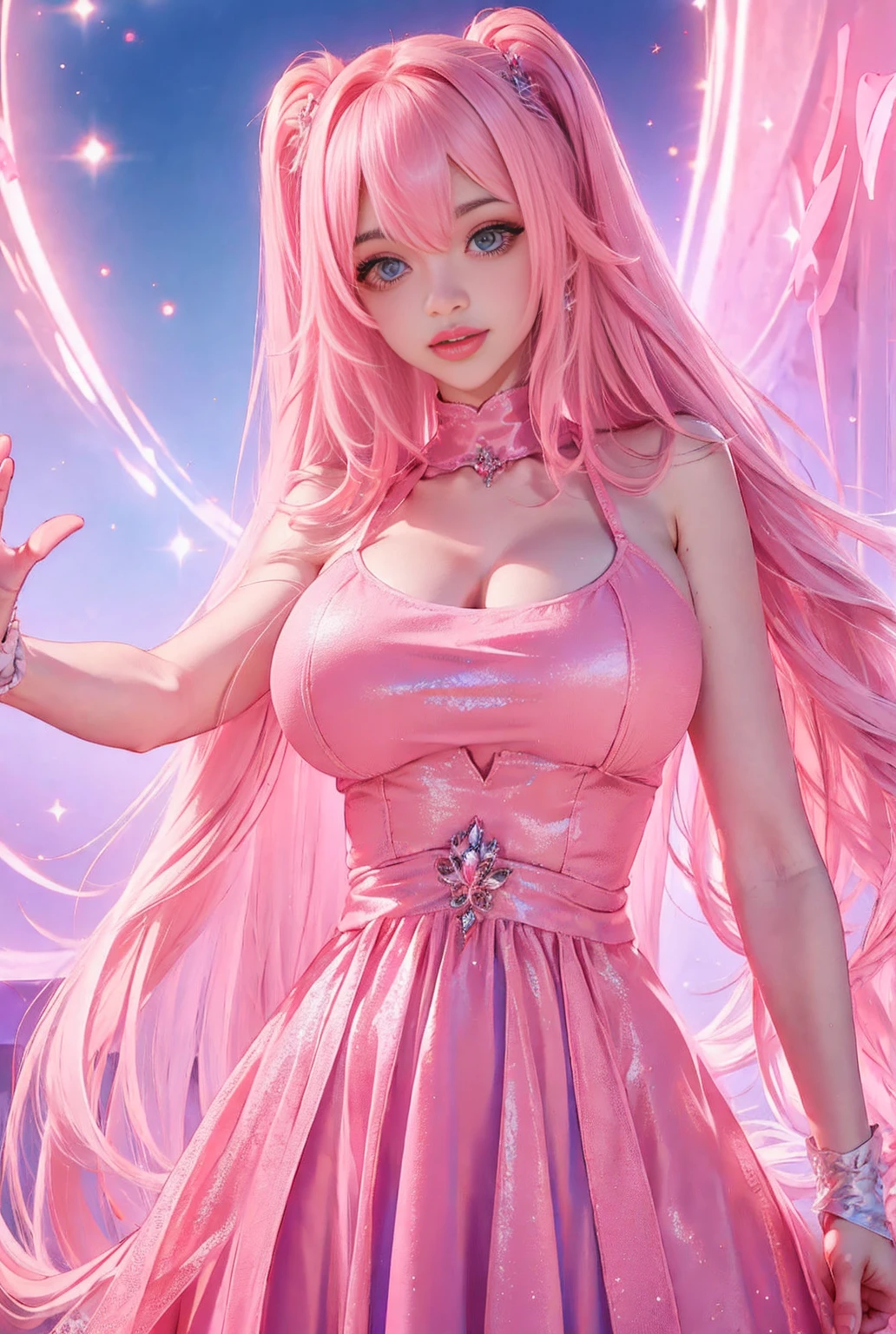 pink long hair,Bangs cover one eye,Joyful expressions,Sexy pink princess dress,Pink pupils,Pink and blue fusion long,One hand is extended towards the sky,Open the palm of your hand