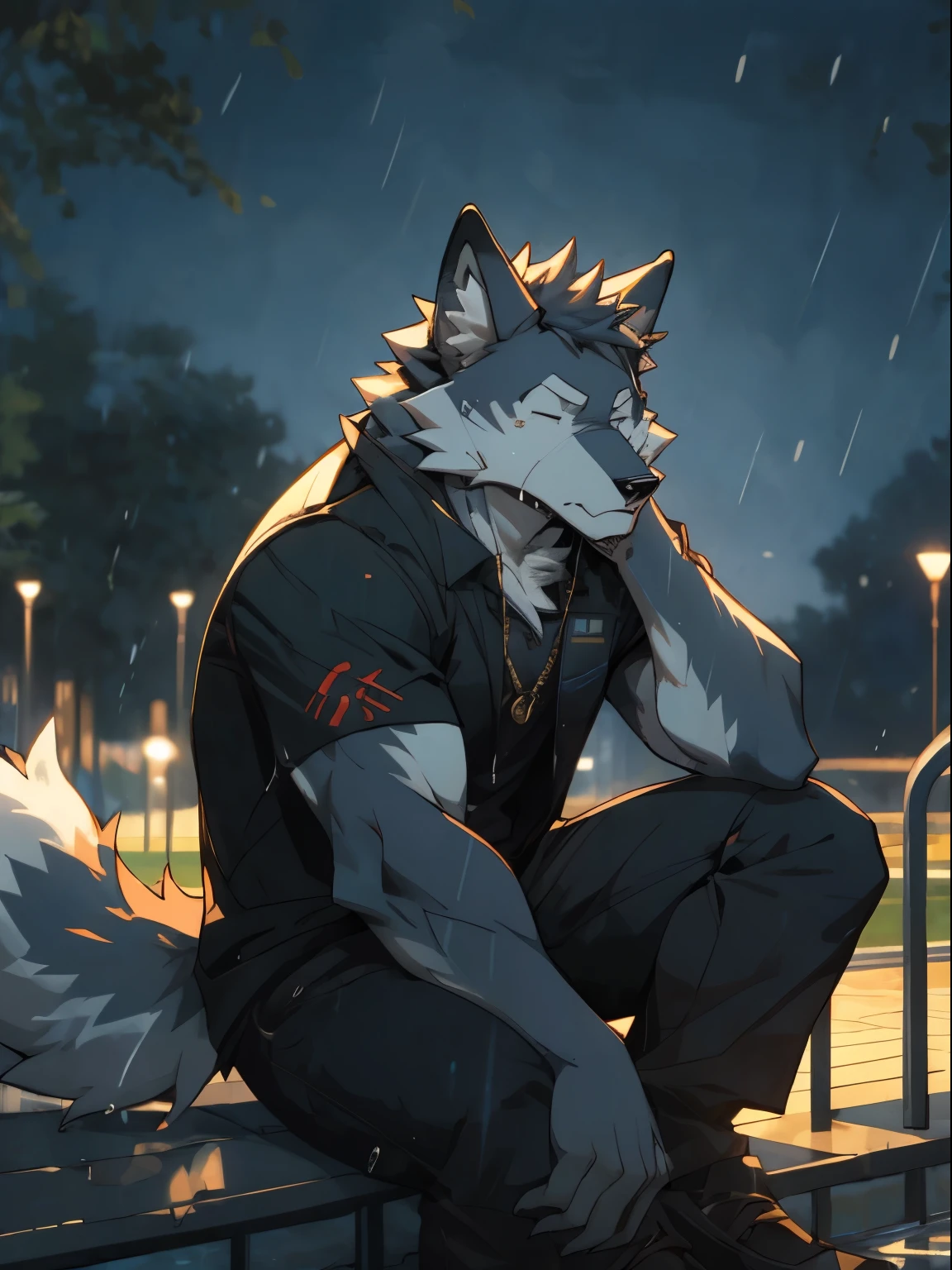 crying,wet,anthro wolf, furry, rain, armed，sad expression,white wolf,,night, handsome, sitting,eyes closed,park, masterpiece, casual clothes, 8k, nj5furry