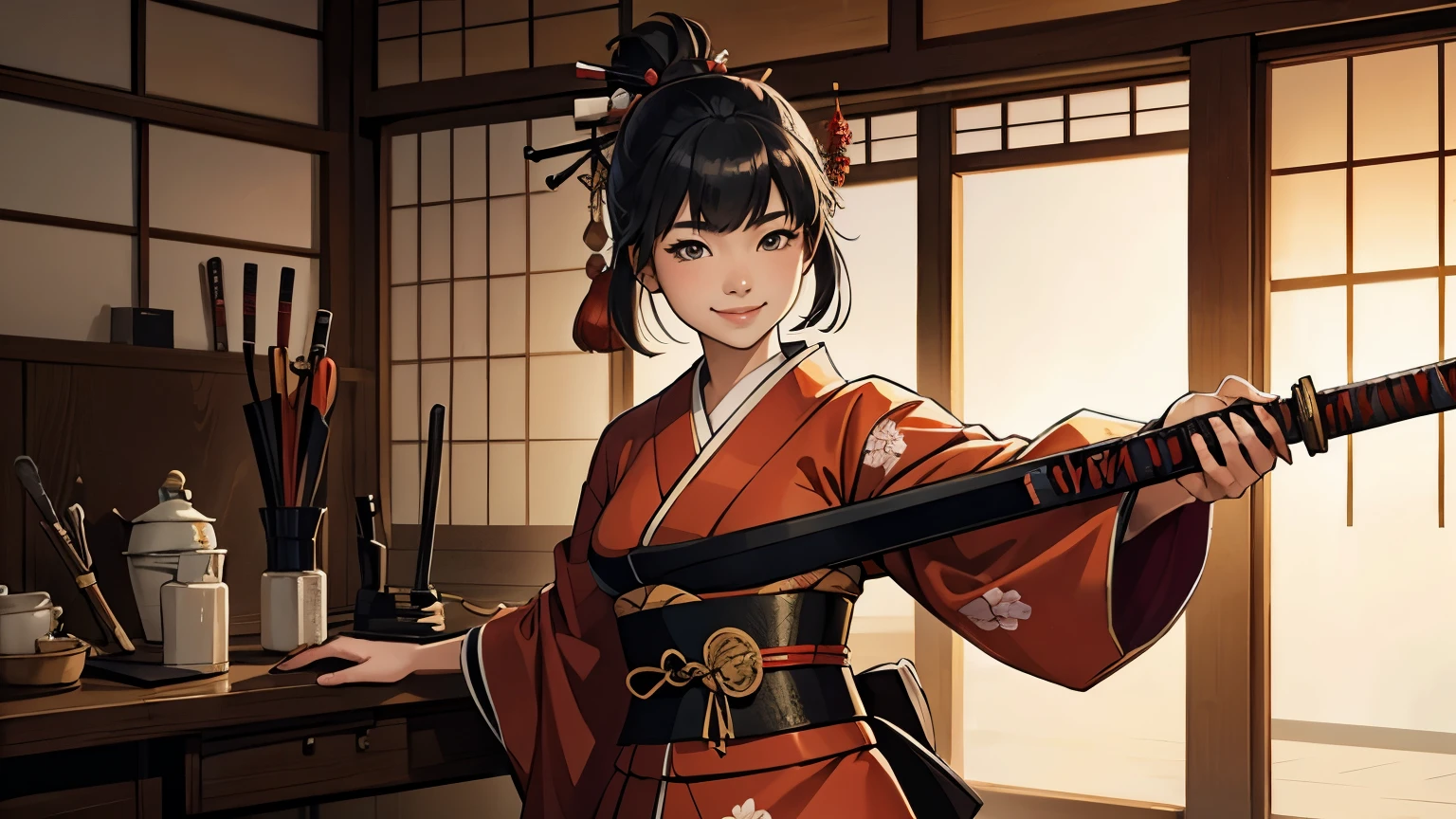 a 19 year old, Japanese girl in traditional kimono and kendo gear, smiling, holding a sword, in a labratory