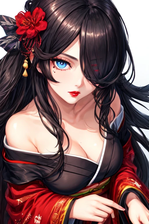 beautiful face, intense look,masterpiece,best quality,ultra-detailed,best illustration,best shadow,tall girl, extra large breasts,long hair,  shiny hair, blue eyes,off shoulder kimono,dynamic pose, black hair, hair over one eye,mole under eyes,red lips,medium body,