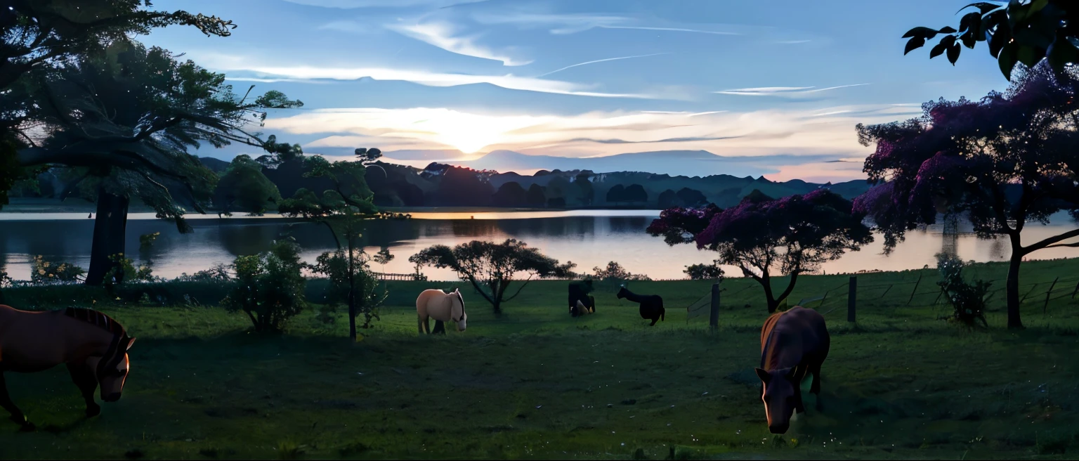 horses grazing in a field next to a lake at sunset, beautiful In the evening, In the evening, at sunset, at sunset, late summer evening, day setting, In the evening lighting, In the evening light, beautiful setting, during sunset, Golden Hour of Morning, during a sunset, early morning light, Ao entardecer na hora dourada, evening, In the evening sun, lindo dia tranquilo