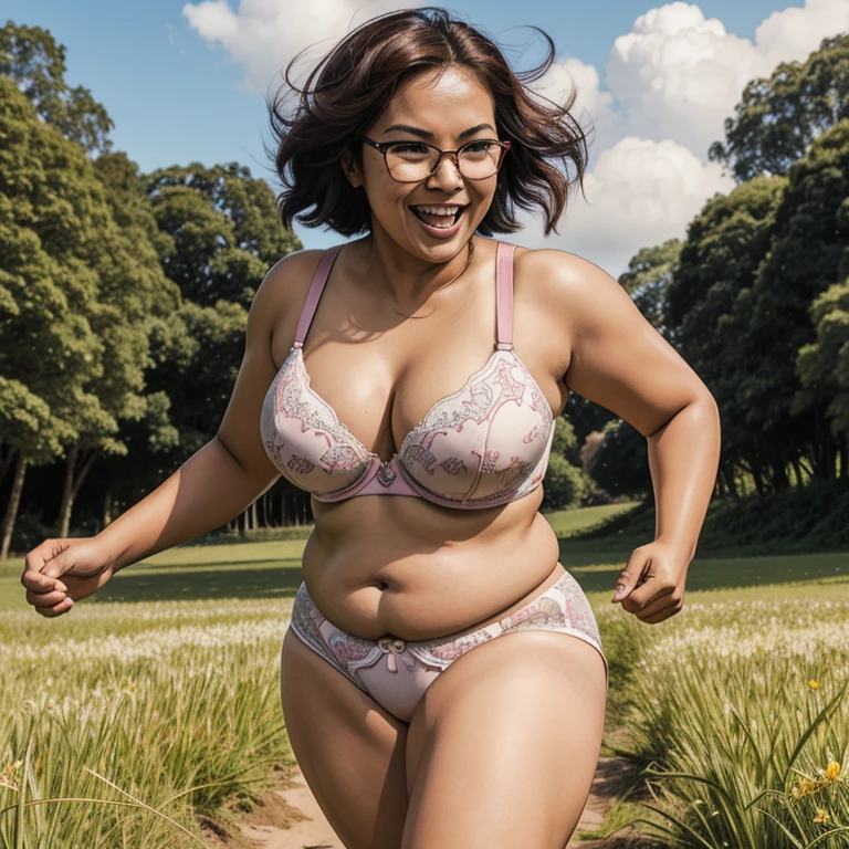 Hyper realistic image of Sexy Malay woman running at field, laughing, cocky smirk face, glasses, pixie hair cut, small breast, plump, fat tummy, wide waist, thick thighs, wearing sexy crotchless underwear.