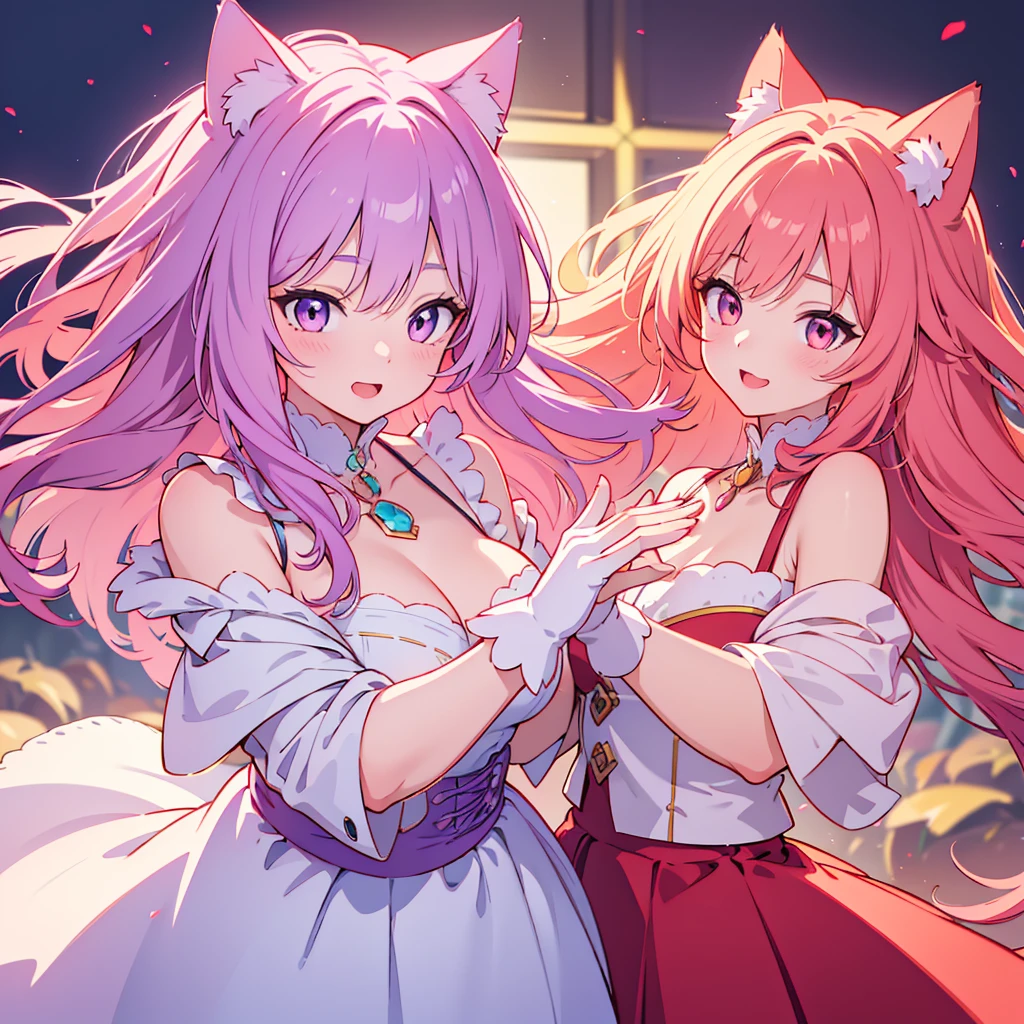 (best quality:1.2), ultra-detailed, realistic:1.37,colorful, vibrant colors, soft lighting, anime style, cat ears, detailed hair, shiny eyes, joyful expression, white fluffy fur, cute, detailed hands and fingers, beautiful artwork, high-resolution.