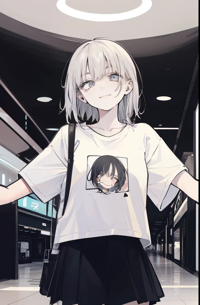 1 girl, smile, shirt, mall) chiralism,