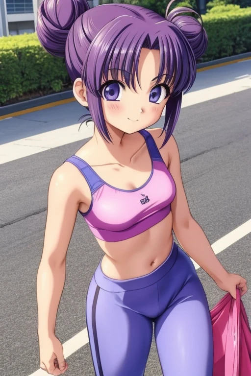 2000s anime cels style, Cartoon style of the 2000s, (flat color:1.2), vivid colors, retro anime, 2000s anime, 2000s anime, early 2000's inspired anime, early 2000's esthetics, Korean girl, purple sports bra, purple yoga pants, hair done up in a messy bun, detailed eyes, cheerful face, outside, middle of the street