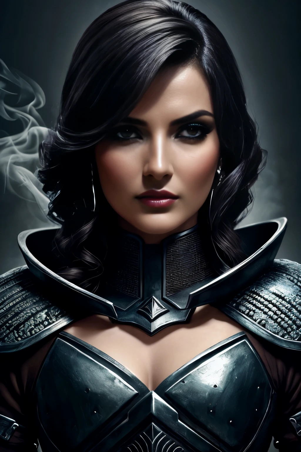 a beautiful woman ciborgue warrior in the Style-RustMagic, Aumento Cyberpunk, Ciberware, ciborgue, fibra de carbono, cromada, implantes, Metal skull, Cyber Plate Armadura, (atmosfera escura:1.2), (Mist & smoke), (noite escura:1.3), Cicatrizes, (shaggy medium length dark hair:1.1), (sombra:1.1), (brilho lindamente detalhado:1.2), (cinematic lighting), detalhe intrincado, high resolution, olhos arredondados, detailed facial features, sharp focus, suave, aesthetics, Dark industrial factory detailed background, pose elegante, Dynamic Posture, (Dramatic painting), (Opt-6000:0.9)