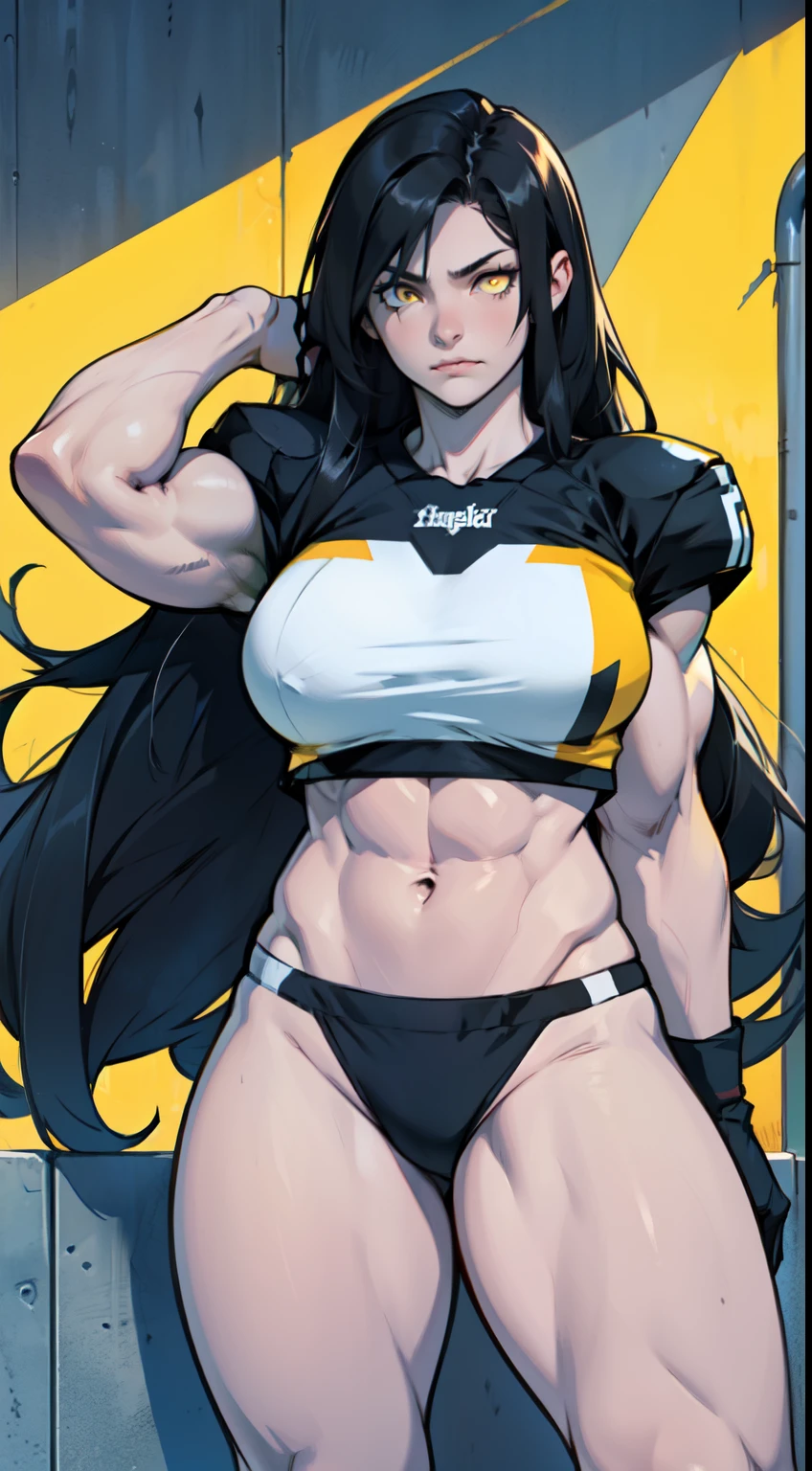 girl breasts huge muscles huge thighs solo girl black hair extremely long hair pale skin expressionless yellow eyes (football)