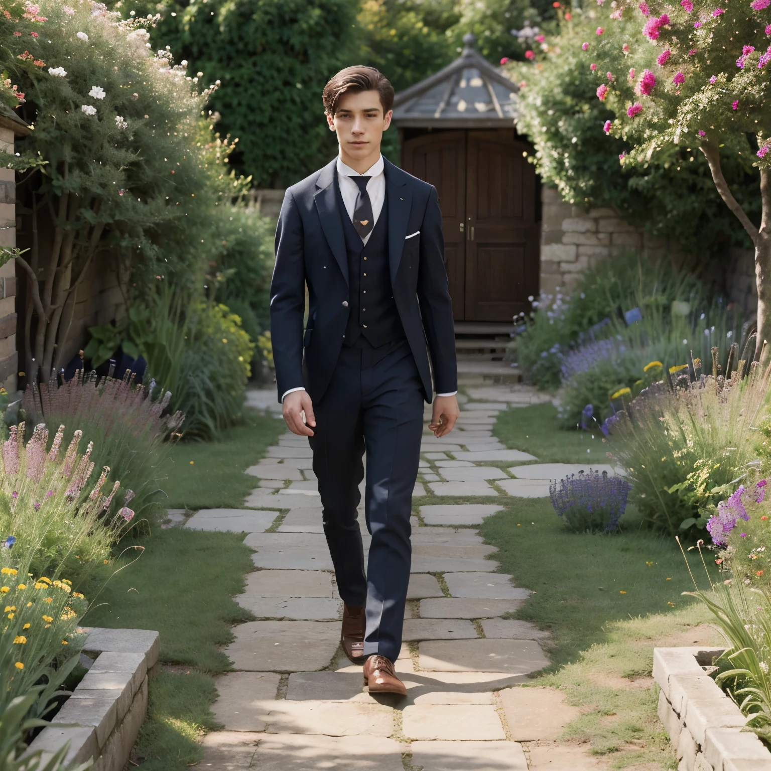 Walking along the path, Lowering his head, sprouted, young short boy 19 years old, dressed in a suit of fine quality woolen fabric in the fashion of the late nineteenth century Victorian era, in the garden among growing beautiful summer flowers and herbs, day light, a high resolution, professional photography of excellent quality, 8k.