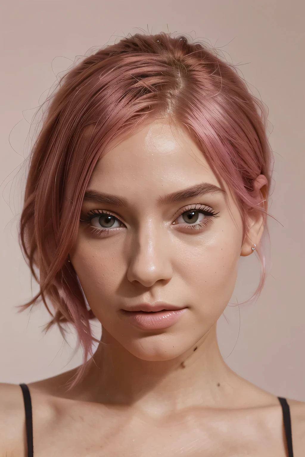 realistic portrait of a beautiful woman, pink hair, no makeup, influencer, instagram, no makeup