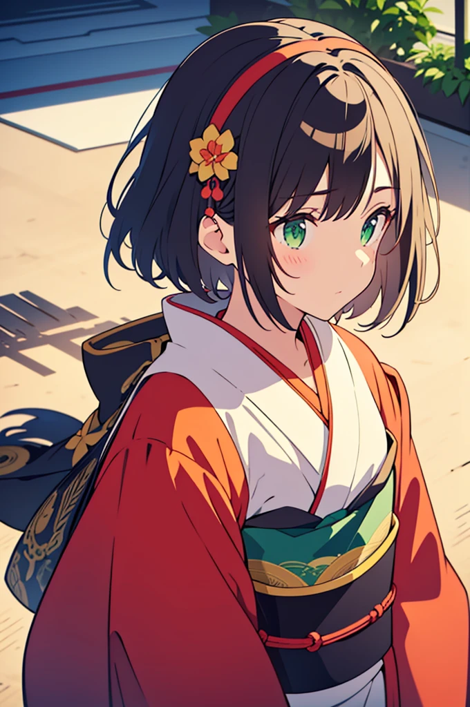 revealing kimono, silk scarf, headband, short black hair, green eyes