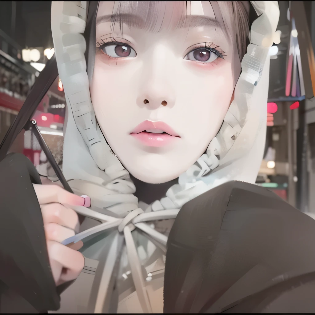 there is a woman with a hood on and a pair of scissors, ulzzang, wan adorable korean face, lalisa manobal, sakimichan, girl cute-fine-face, clear cute face, 8k)), from 8 k matte, she has a cute face, with big eyes, 8k selfie photograph, 