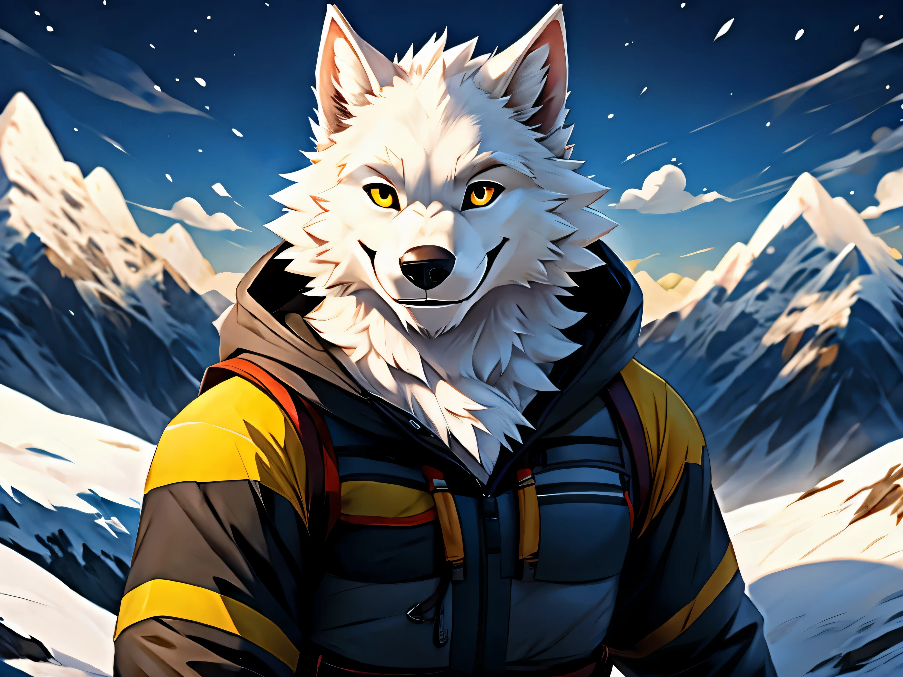 male,Werewolf wearing heavy mountaineering clothing,white fur,hairy,smile for camera,snow mountain