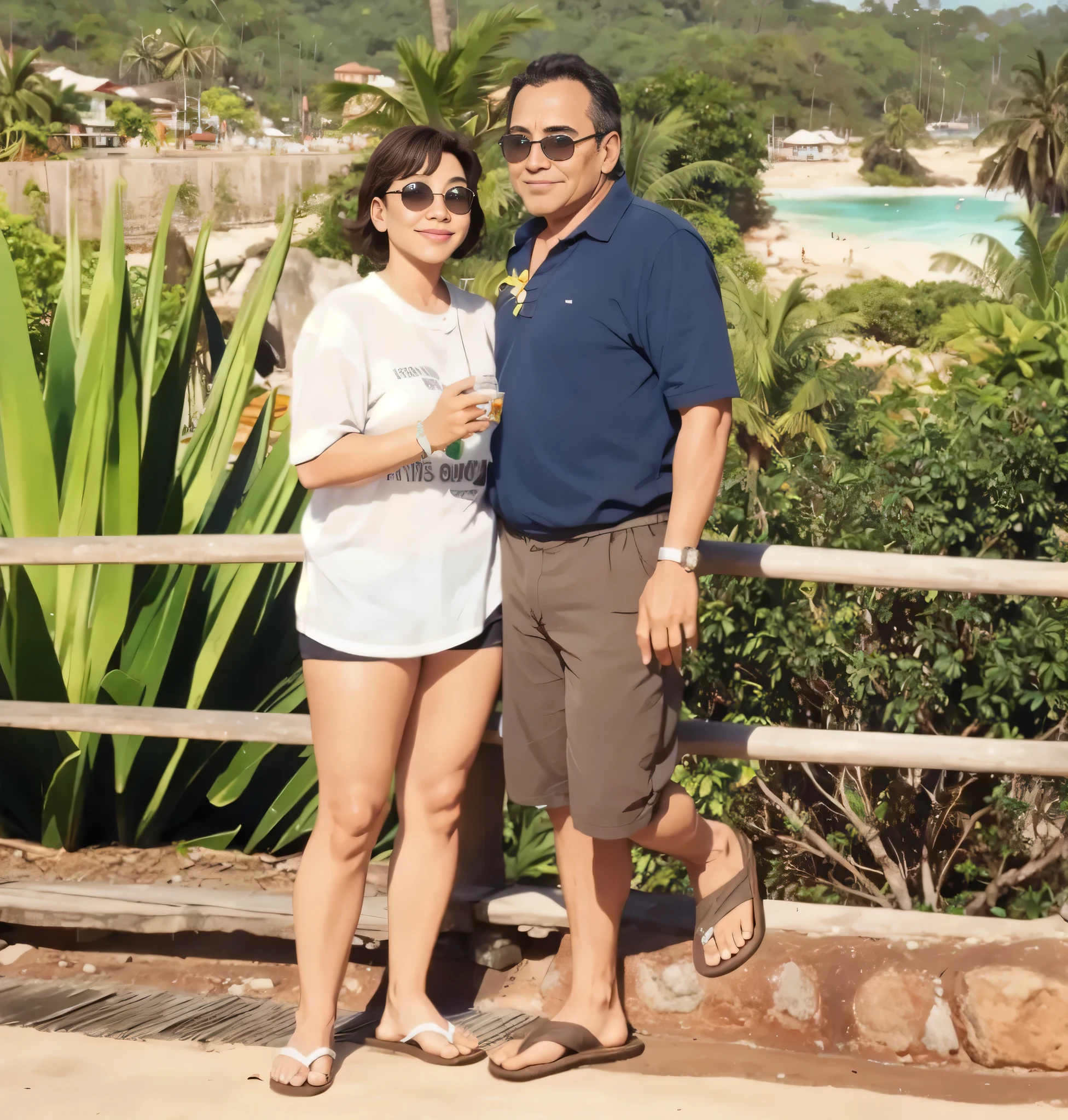 Aqui, a couple is next to each other on a bridge, vacation photo, perto da praia, Selva ao fundo, on seashore, near water, no Brasil, palmeiras ao fundo, holiday season, se divertindo , Divertindo-se muito, She is Brazilian, Pele castanha clara, por volta dos 30 s, obra de arte, alta qualidade, grande clareza, high resolution, 8k.