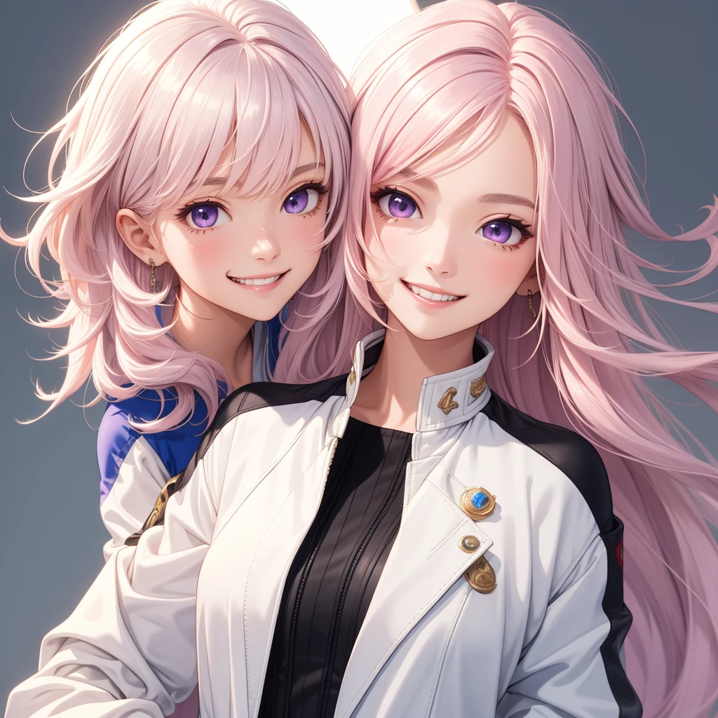 (masterpiece, highest quality), intricate details, thin, ((slim)), beautiful girl, light pink hair, white skin, light purple eyes, sharp jaw line, cropped jacket, messy hair, Upper body, close, grin