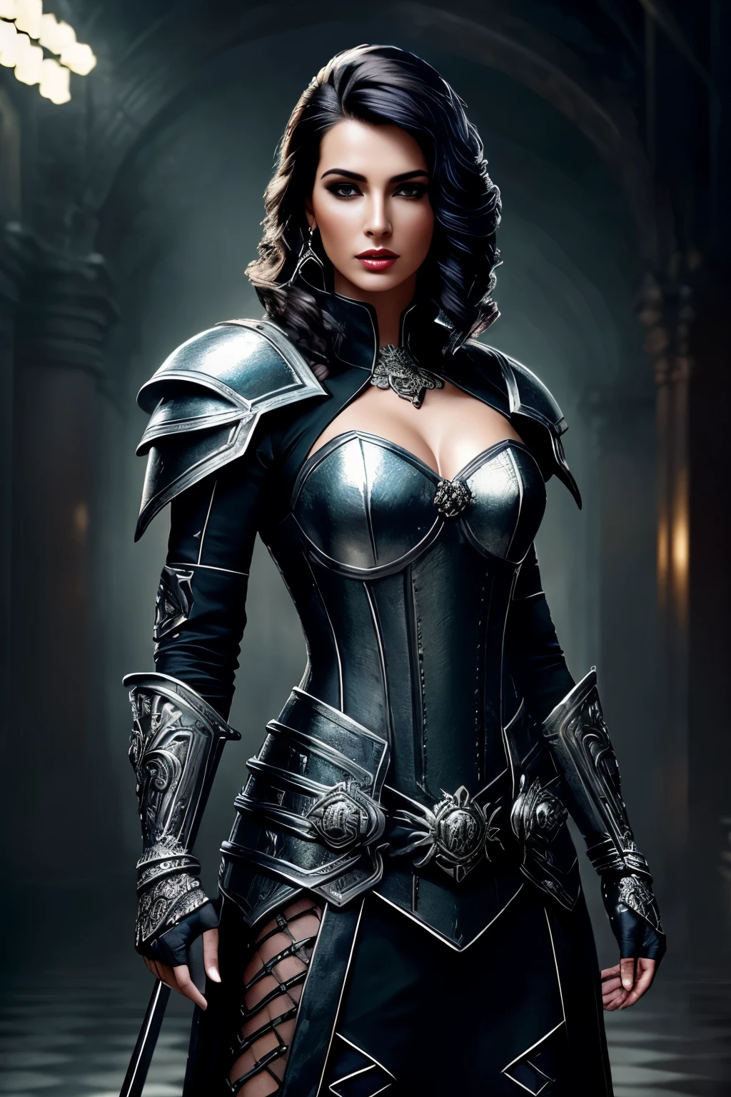 a beautiful woman ciborgue warrior in the Style-RustMagic, Aumento Cyberpunk, Ciberware, ciborgue, fibra de carbono, cromada, implantes, Metal skull, Cyber Plate Armadura, (atmosfera escura:1.2), (Mist & smoke), (noite escura:1.3), Cicatrizes, (shaggy medium length dark hair:1.1), (sombra:1.1), (brilho lindamente detalhado:1.2), (cinematic lighting), detalhe intrincado, high resolution, olhos arredondados, detailed facial features, sharp focus, suave, aesthetics, Dark industrial factory detailed background, pose elegante, Dynamic Posture, (Dramatic painting), (Opt-6000:0.9)